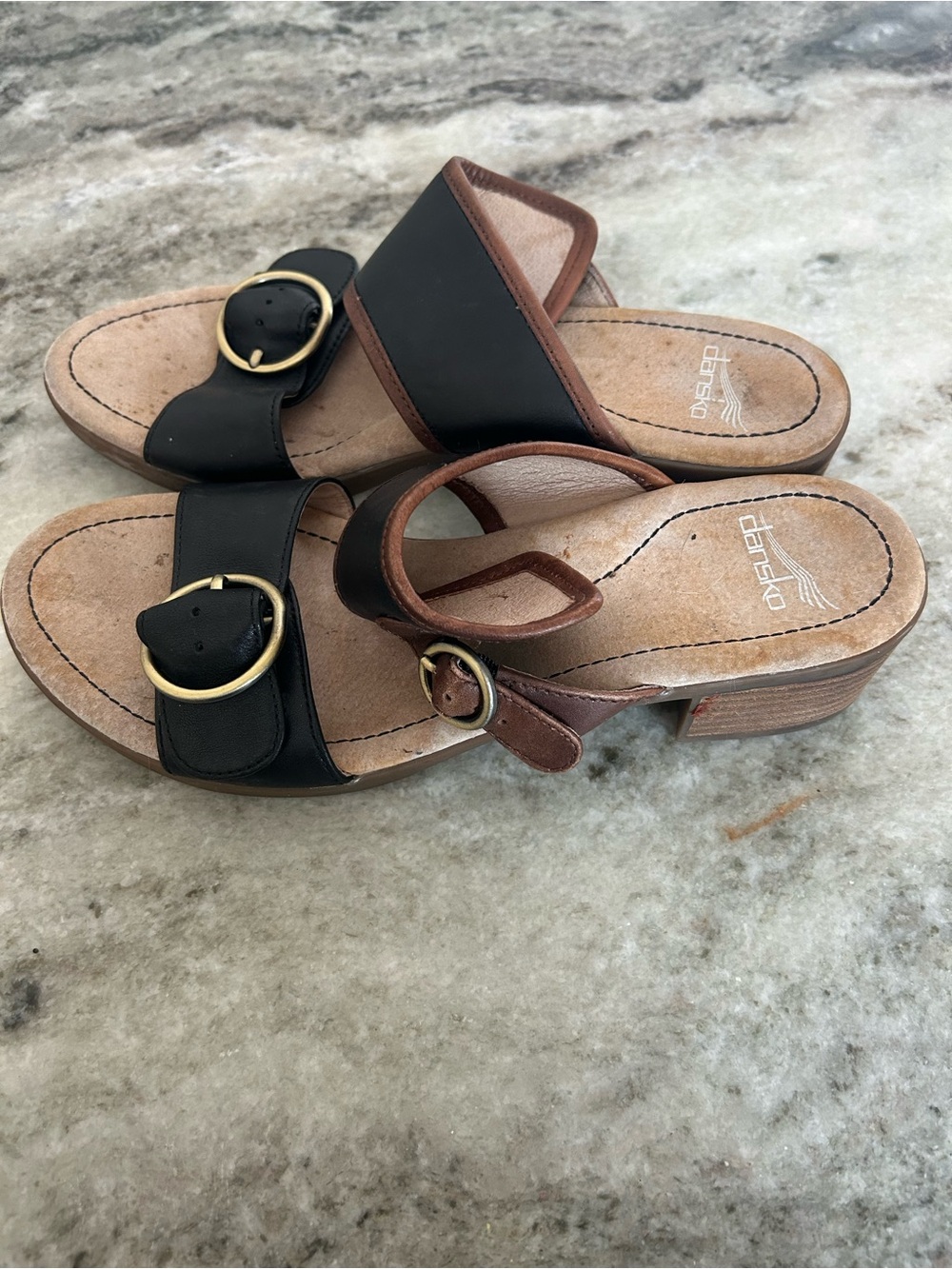 Dansko Black and Brown Leather Slide Sandals with Buckle size 10